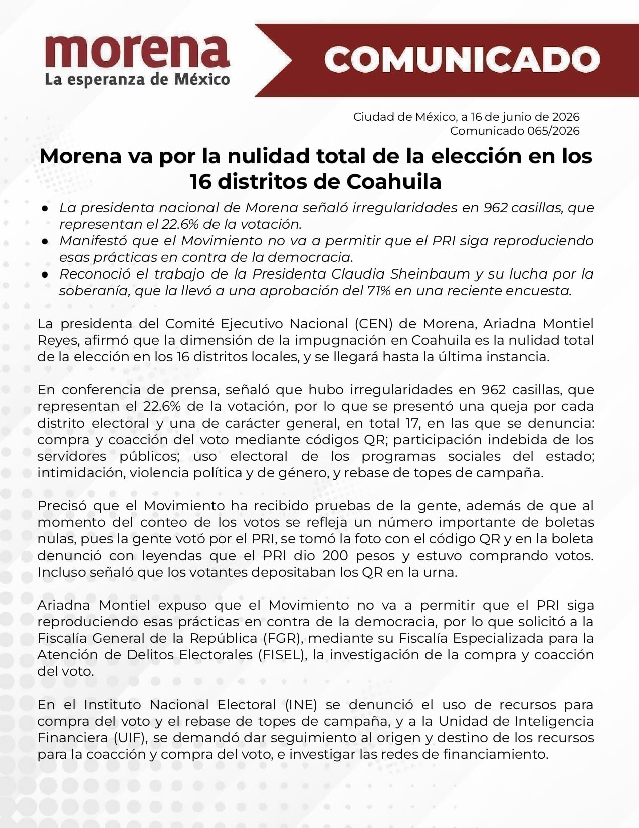 Morena acusa irregularidades en 962 casillas de la elección en Coahuila