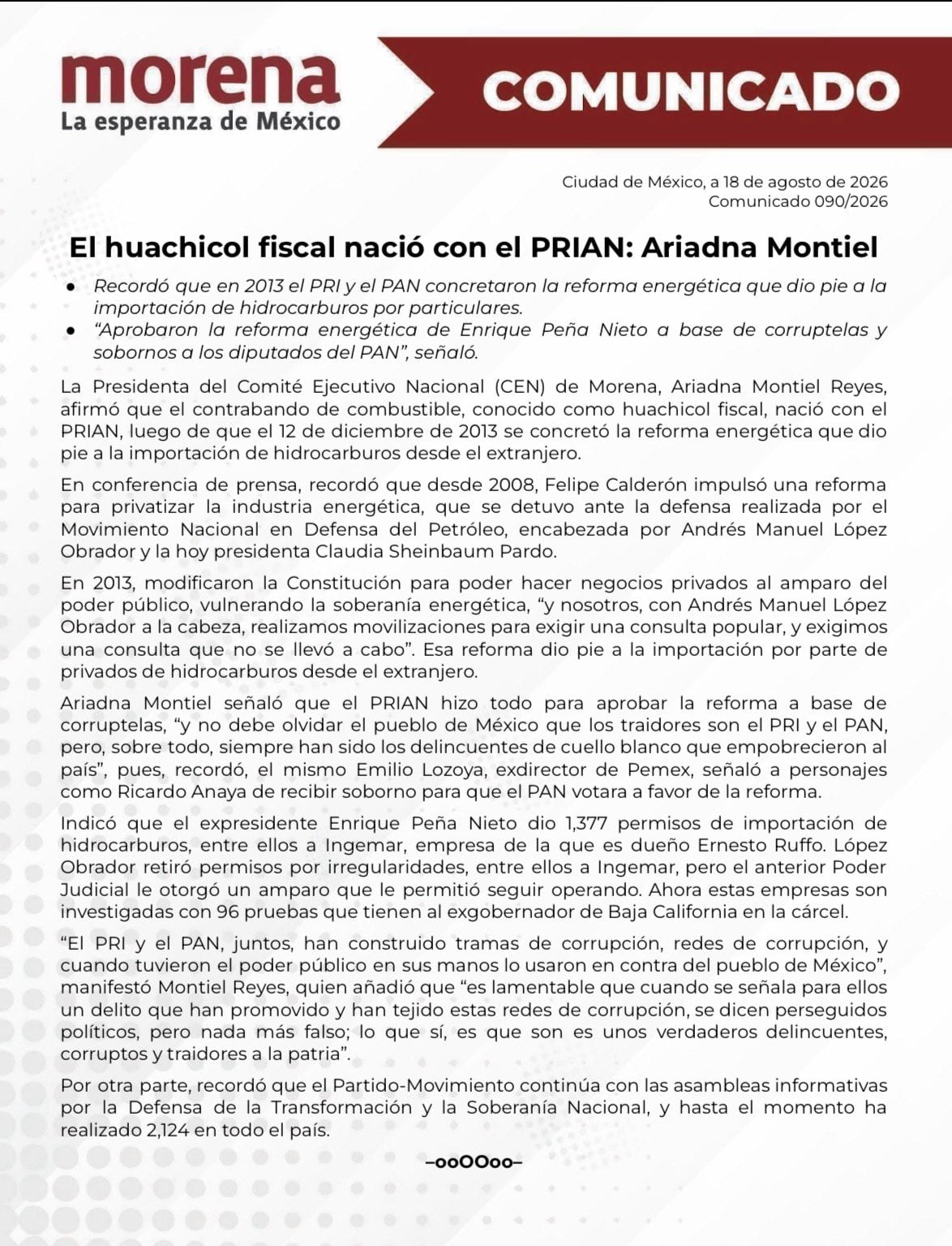 Ariadna Montiel acusa al PRIAN de impulsar reforma que abrió la puerta al huachicol fiscal