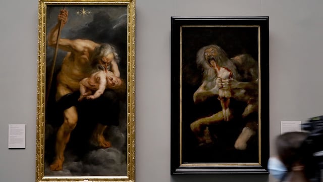 MADRID, 04/06/2020.- Las obras "Saturno devorando a su hijo" de Rubens (i) y Francisco de Goya (d), expuestas juntas por primera vez en la muestra "Reencuentro", un espectacular montaje de las obras del Museo del Prado más emblemáticas de su colección permanente que se inaugura el sábado y se extenderá hasta el 13 de septiembre en la Galería Central de la Pinacoteca. Tras más de dos meses cerrado el museo ha adaptado sus instalaciones a la nueva normalidad: mascarillas, dispensadores de geles y distancia de seguridad acompañarán a los 1.800 visitantes al día que podrán acceder en una primera fase. EFE/Ballesteros