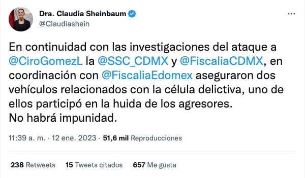 Claudia Sheinbaum informa Aseguran otros 2 vehículos relacionados con atentado contra Ciro Gómez Leyva