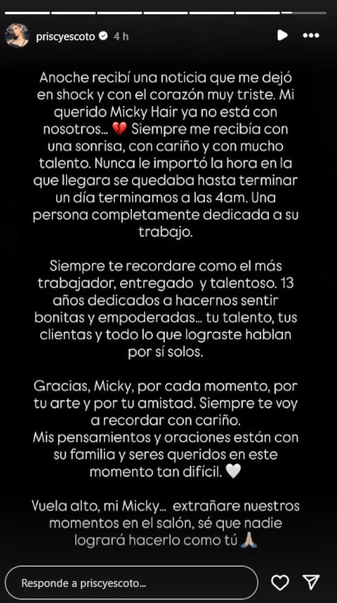 Priscy Escoto lamenta la muerte de Miguel de la Mora