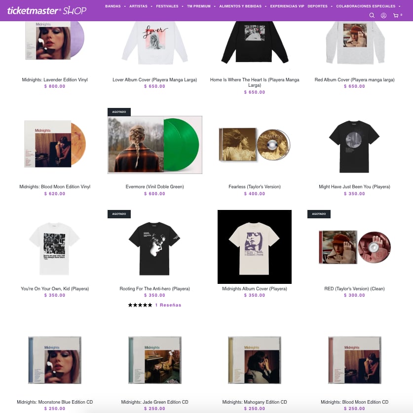 Ticketmaster vende la merch oficial de Taylor Swift para sus conciertos en México