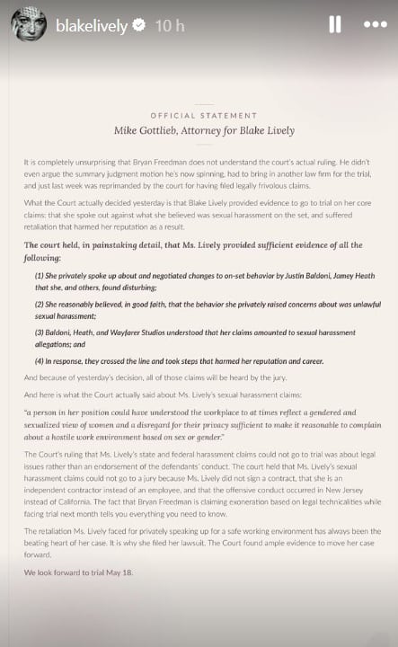 Blake Lively rompe el silencio tras fallo judicial en su caso contra Baldoni