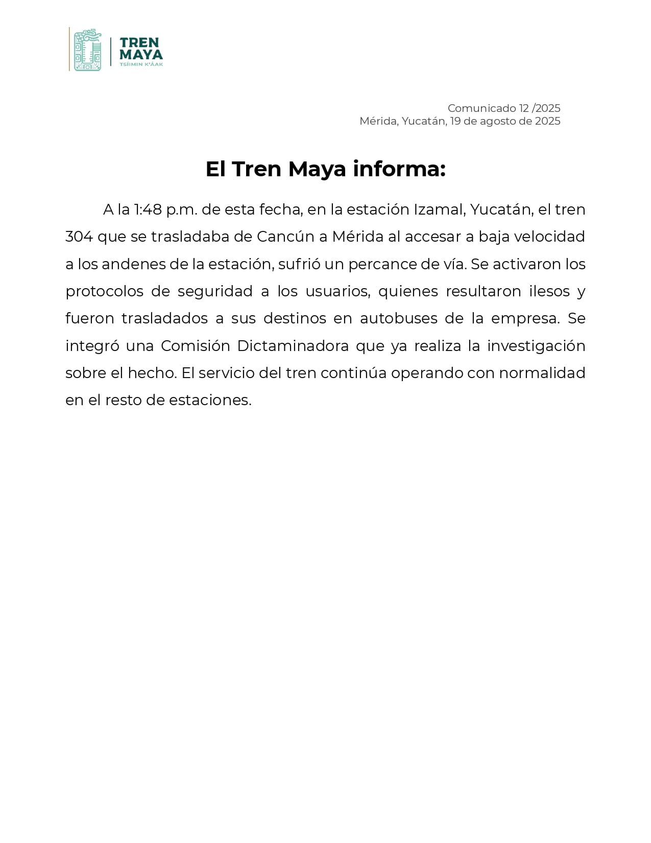 Tren Maya descarriló en Izamal; accidente provocado por bajar la velocidad