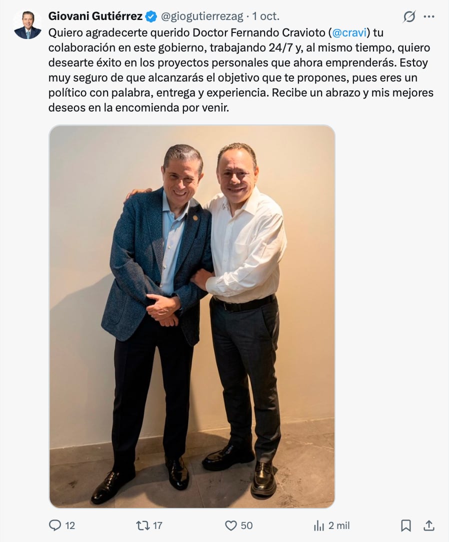 Giovani Gutiérrez reconoce gestión de Fernando Cravioto