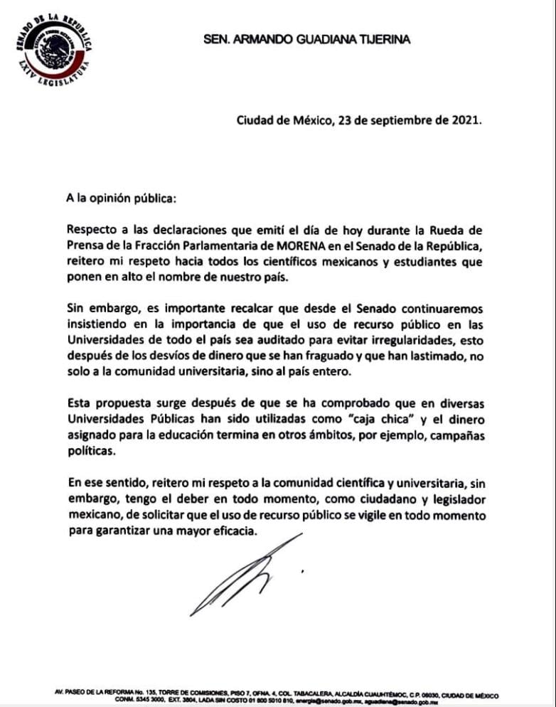 Carta de Armando Guadiana