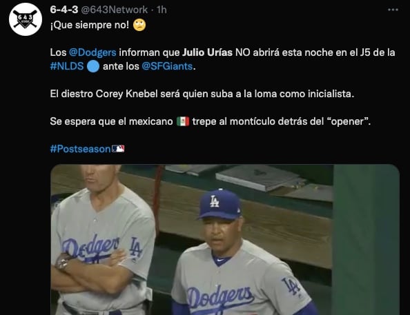 Los Dodgers anunciaron que Julio Urías no será su abridor para el Juego 5 vs Giants