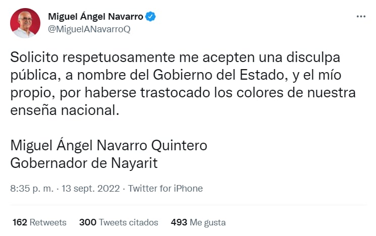 El gobernador de Nayarit ofreció una disculpa pública por pintar de guinda bandera de México