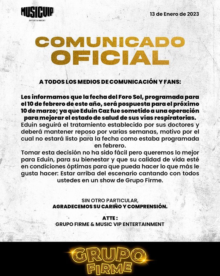 Grupo Firme pospone concierto en el Foro Sol por salud de Eduin Caz.