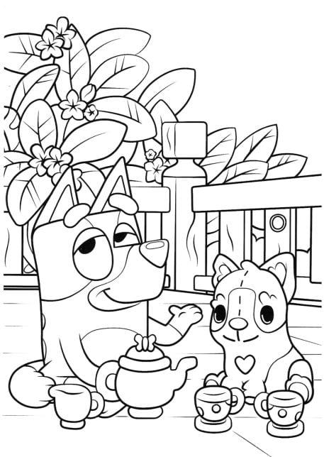 Bluey tomando el té en primavera