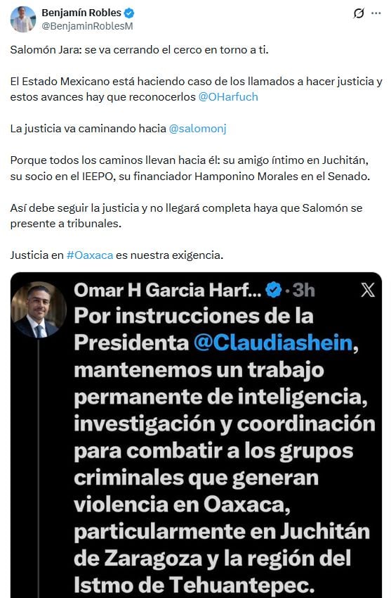 “Justicia en Oaxaca”: Benjamín Robles lanza mensaje a Salomón Jara tras captura de El Cromo