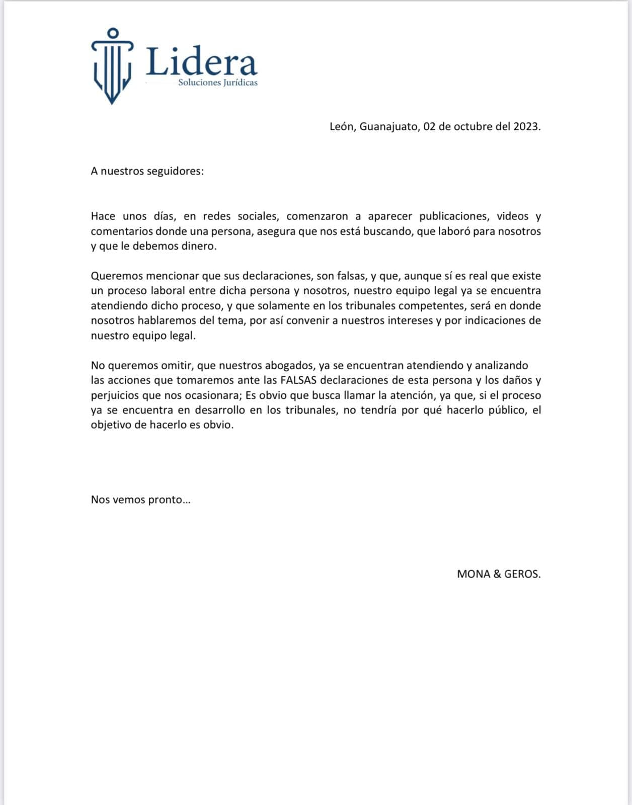 Comunicado de Mona y Geros.