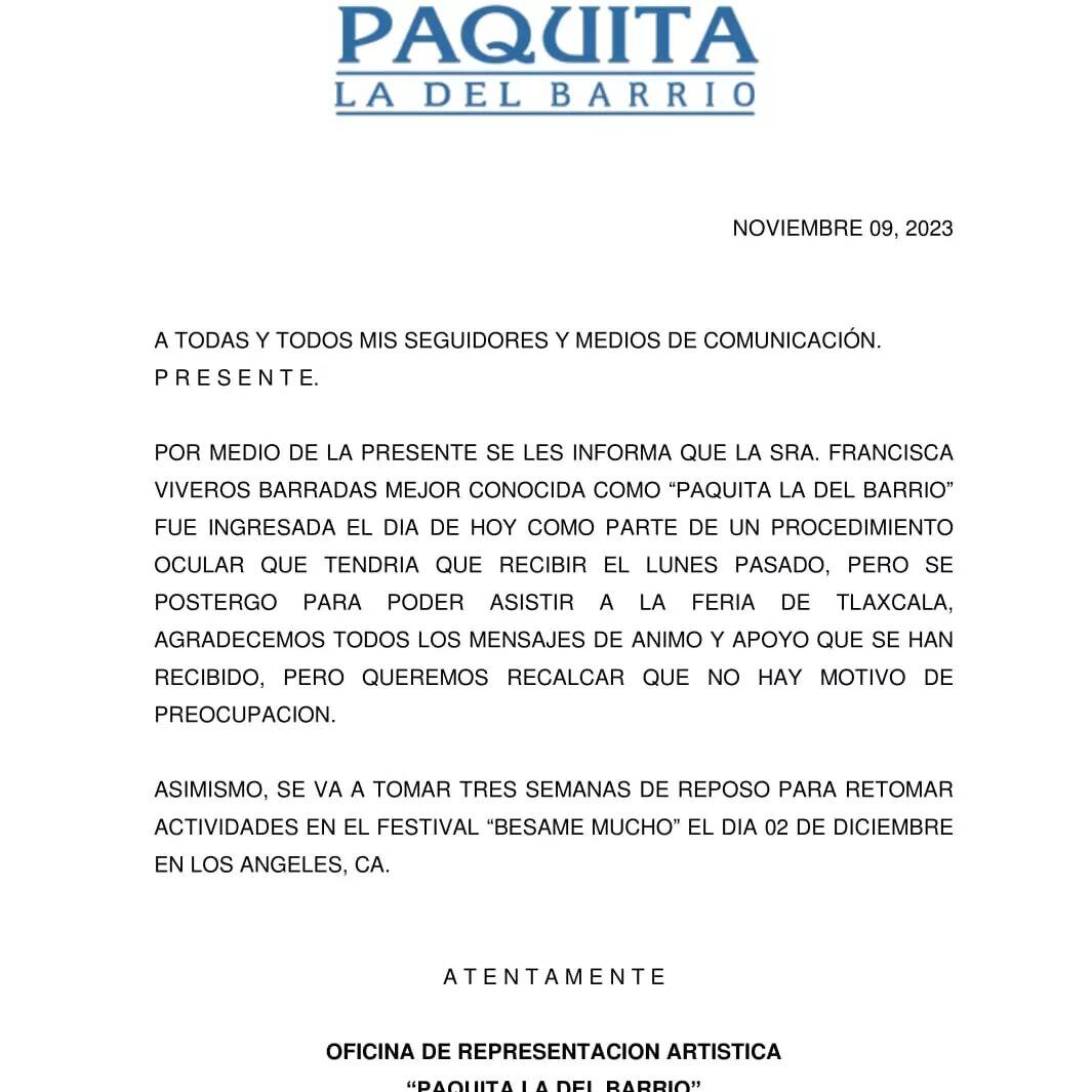 Paquita la del Barrio desmiente estar hospitalizada y "muy grave" de salud.