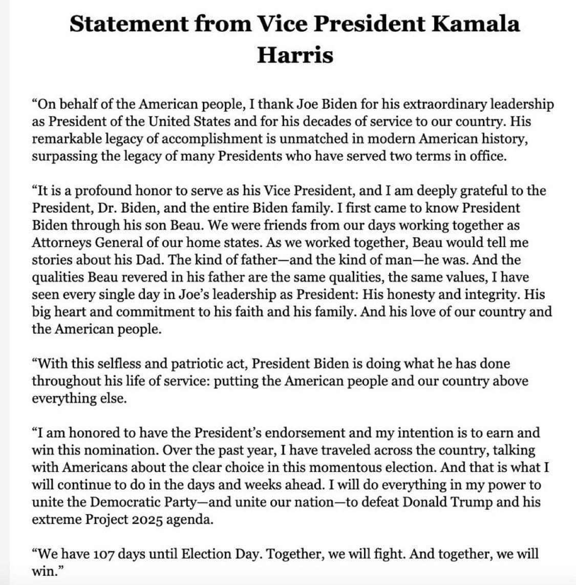 Declaración Kamala Harris sobre candidatura y renuncia Joe Biden