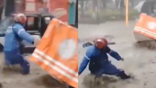 Hombre intenta rescatar mototaxi en medio de corriente de agua en Chimalhuacán, Estado de México