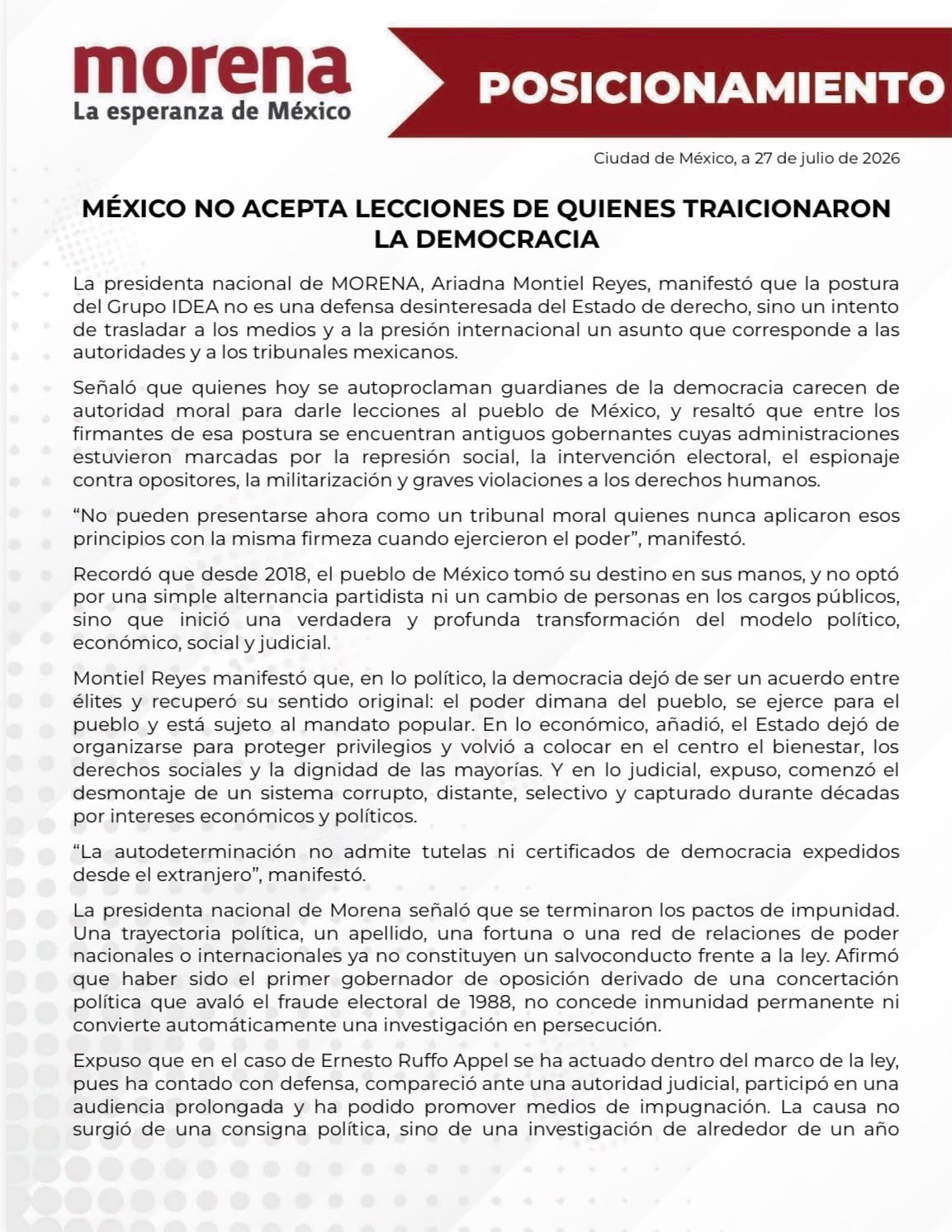 Comunicado de Morena
