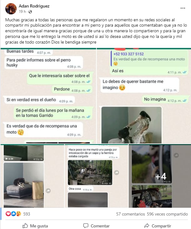 Mensaje donde anuncia que encontró a su perro Drago