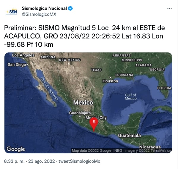 Se registra sismo hoy 23 de agosto, de 5.0 en Acapulco, que se sintió en CDMX