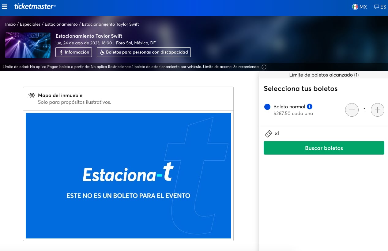 Este es el precio de los boletos en Ticketmaster del estacionamiento para los conciertos de Taylor Swift en el Foro Sol