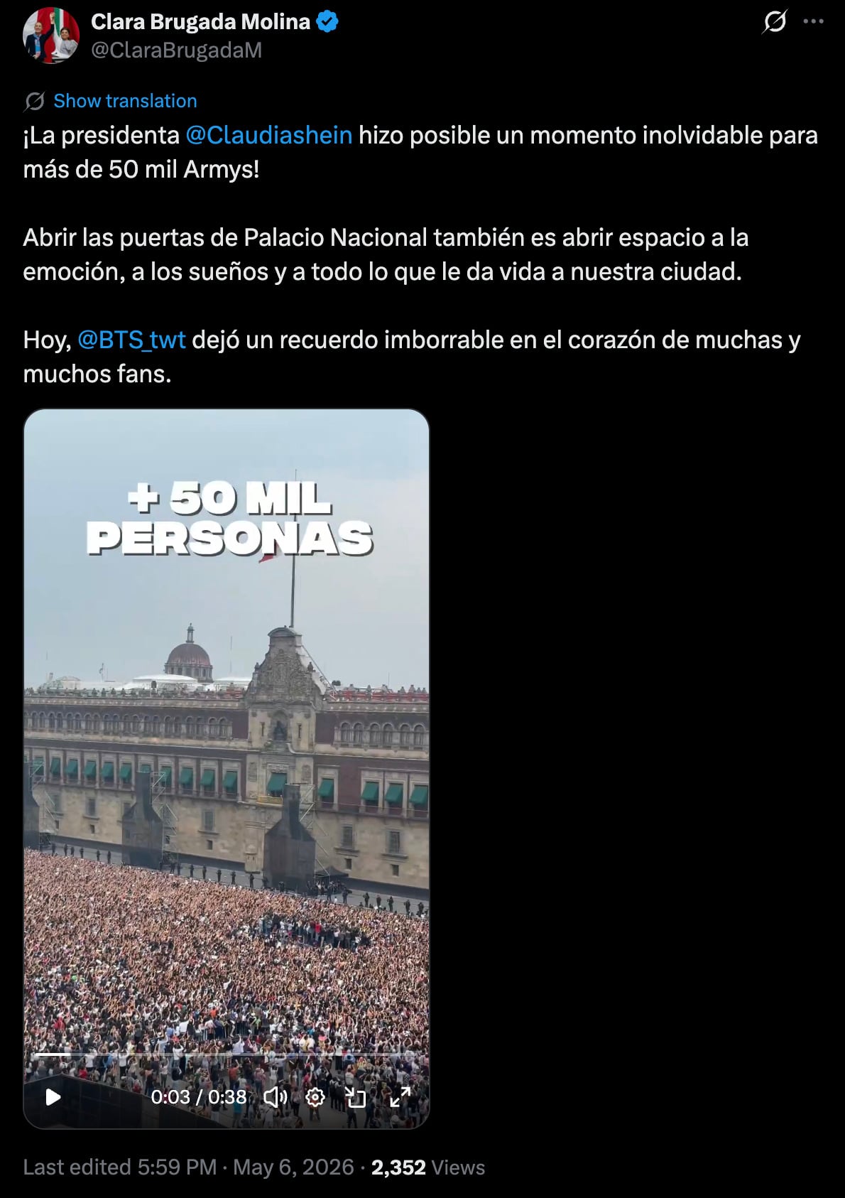 Visita de BTS a Palacio Nacional reunió a 50 mil ARMYs en el Zócalo CDMX