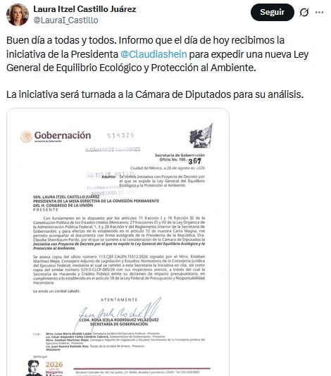 Laura Itzel Castillo informa que recibió la nueva ley ambiental por Claudia Sheinbaum.