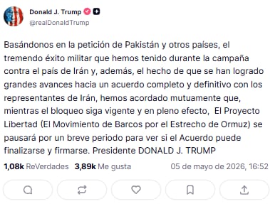 Trump detiene tránsito en el estrecho de Ormuz por negociaciones con Irán