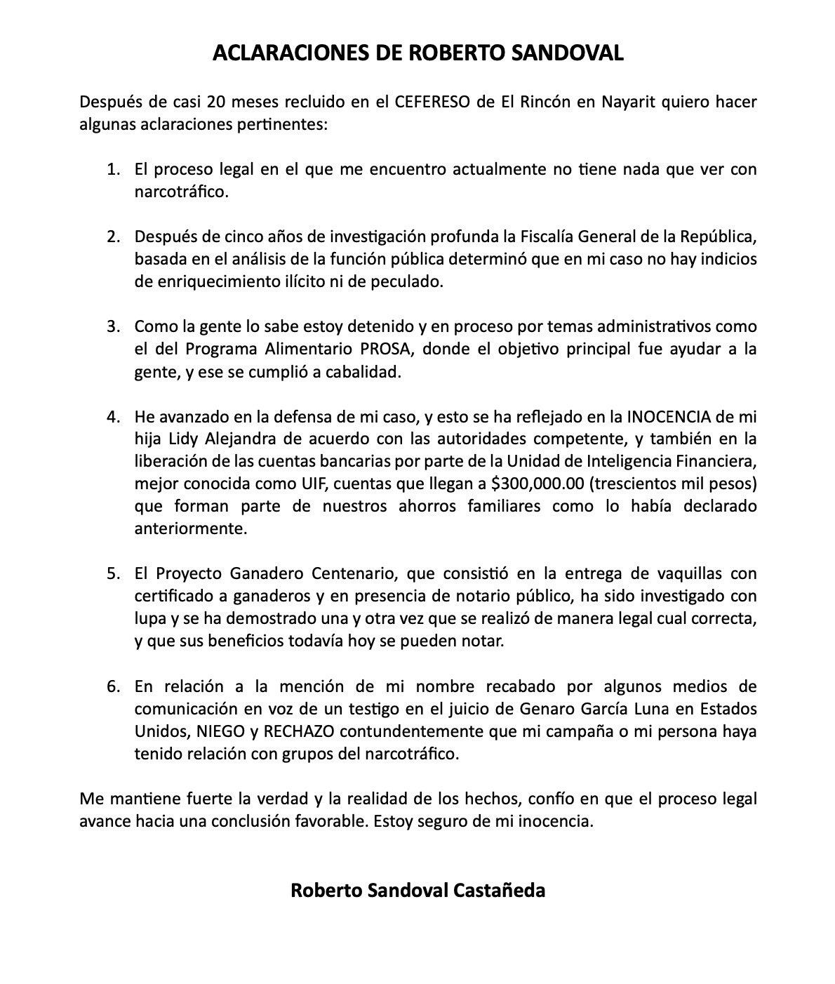 Comunicado de Roberto Sandoval