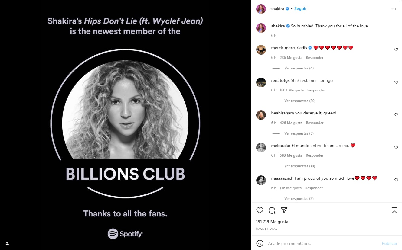 Shakira se une al club del billón en Spotify