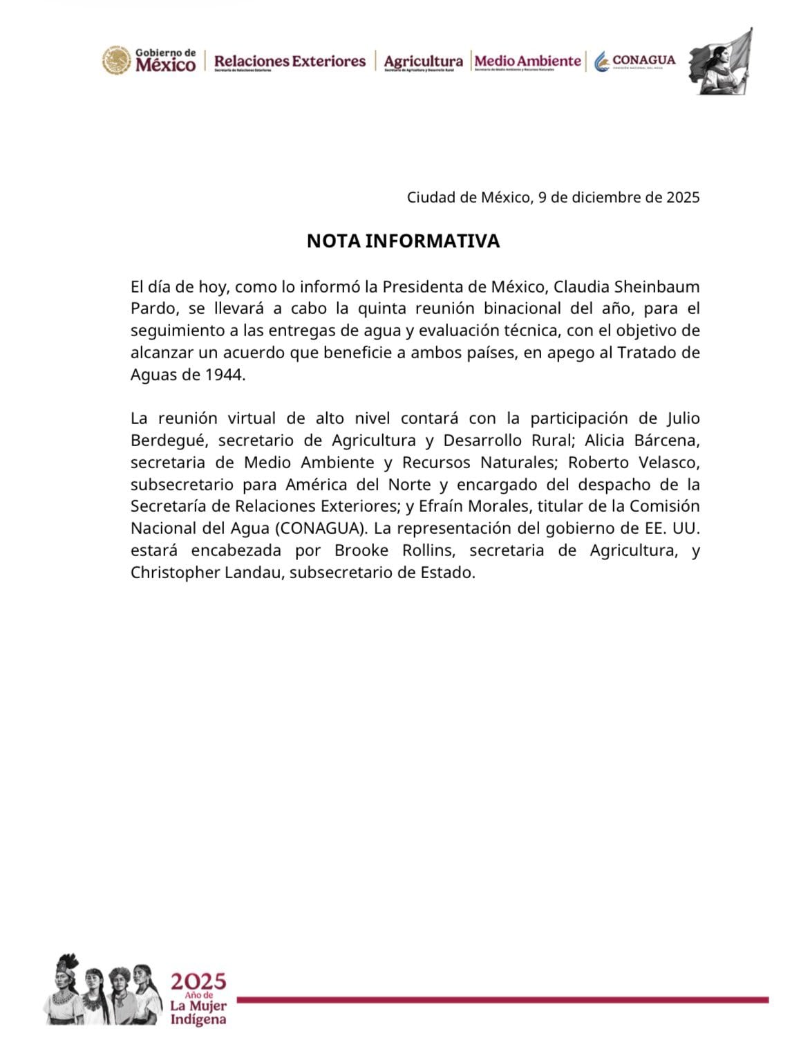 SRE anuncia quiénes participarán en las pláticas sobre el Tratado de Aguas de 1944