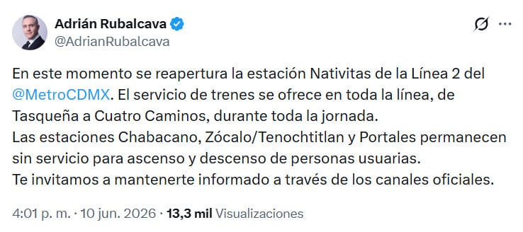Adrián Rubalcava confirma la reapertura de la estación Nativitas