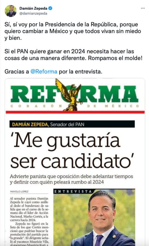 Damián Zepeda se destapa como otro presidenciable/@damianzepeda