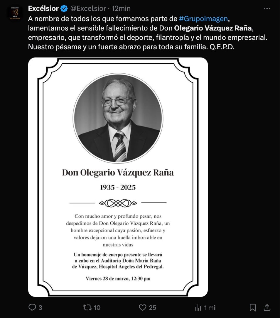 Lamentan muerte de Olegario Vázquez Raña