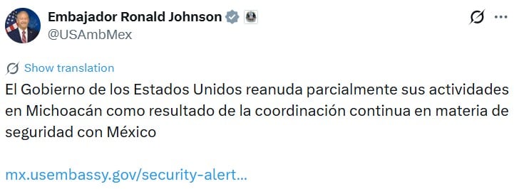 Estados Unidos retoma actividades en Michoacán tras alerta de seguridad