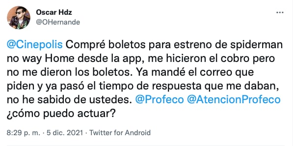 Queja de usuario por no poder obtener los boletos para la película Spider-man: No way home/@Ohernande