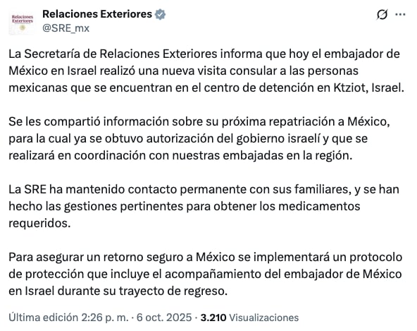 SRE sobre repatriación de mexicanos detenidos por Israel