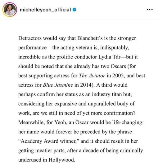 Michelle Yeoh siente que merece el Oscar 2023, pero su argumento cayó mal