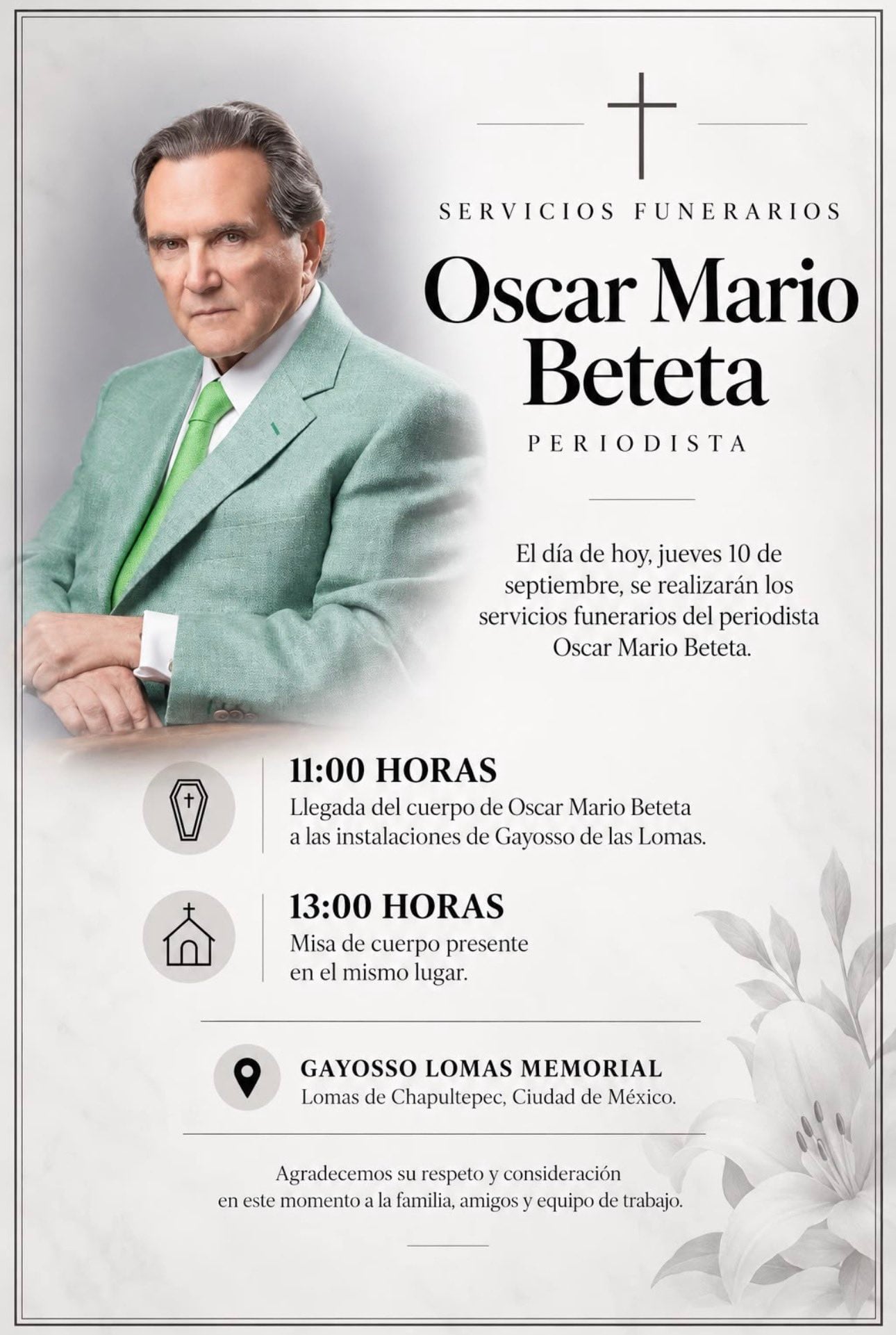 Se harán los servicios fúnebres de Óscar Mario Beteta