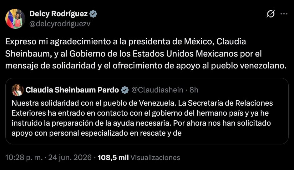 Delcy Rodríguez agradece apoyo a Sheinbaum