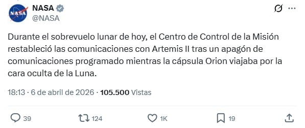 Artemis II completa misión lunar y emprende regreso a la Tierra