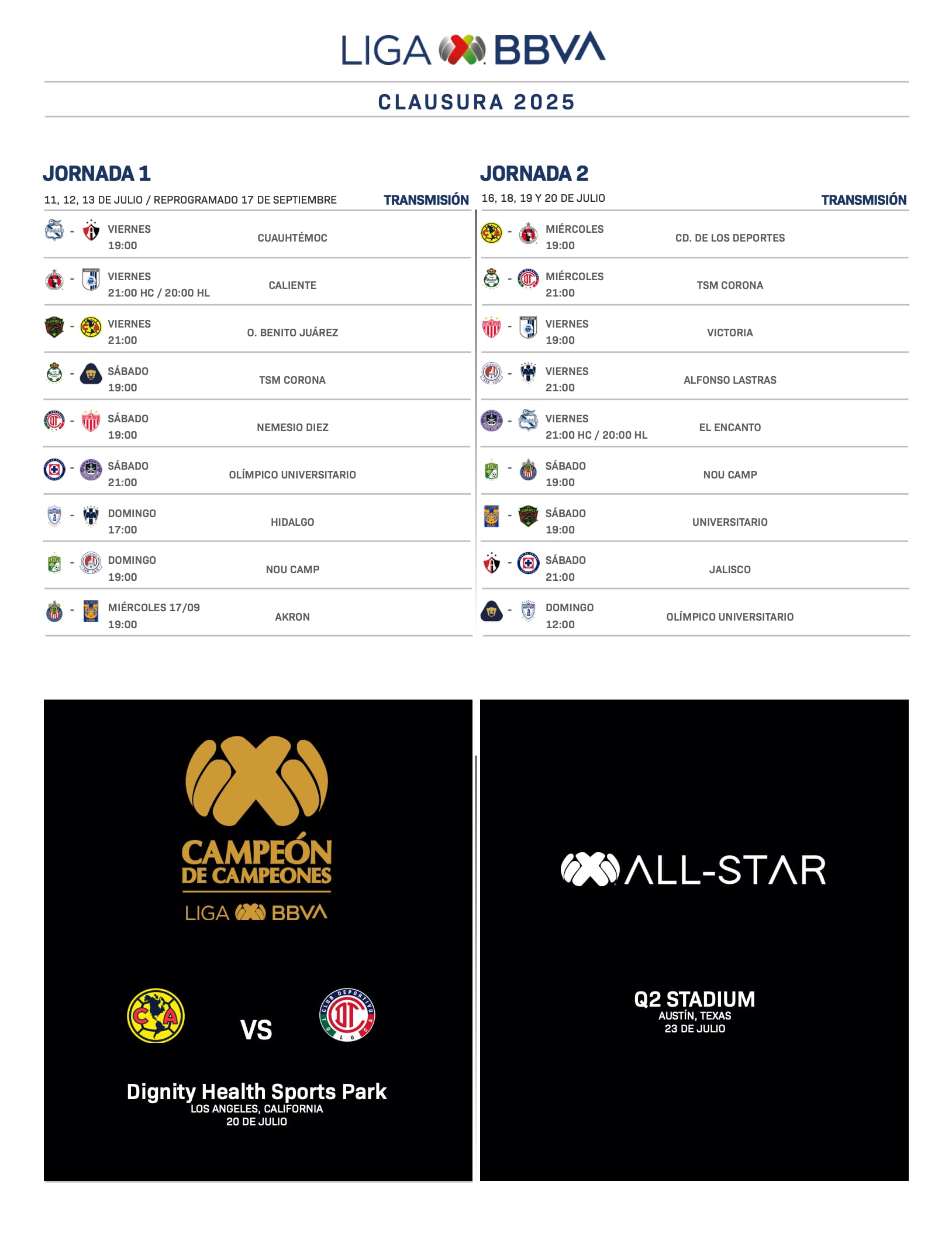 Calendario del Apertura 2025 de la Liga MX.