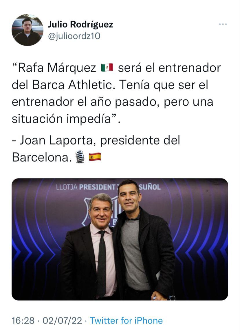 Joan Laporta anunció a Rafael Márquez como nuevo entrenador del Barcelona Athletic.