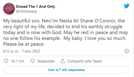 Sinead O'Connor mensaje por la muerte de su hijo Shane