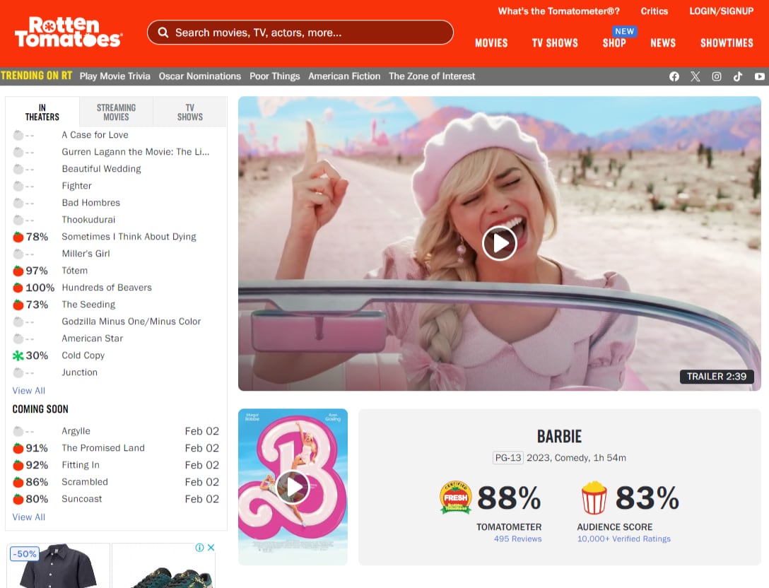Calificación de Barbie en Rotten Tomatoes