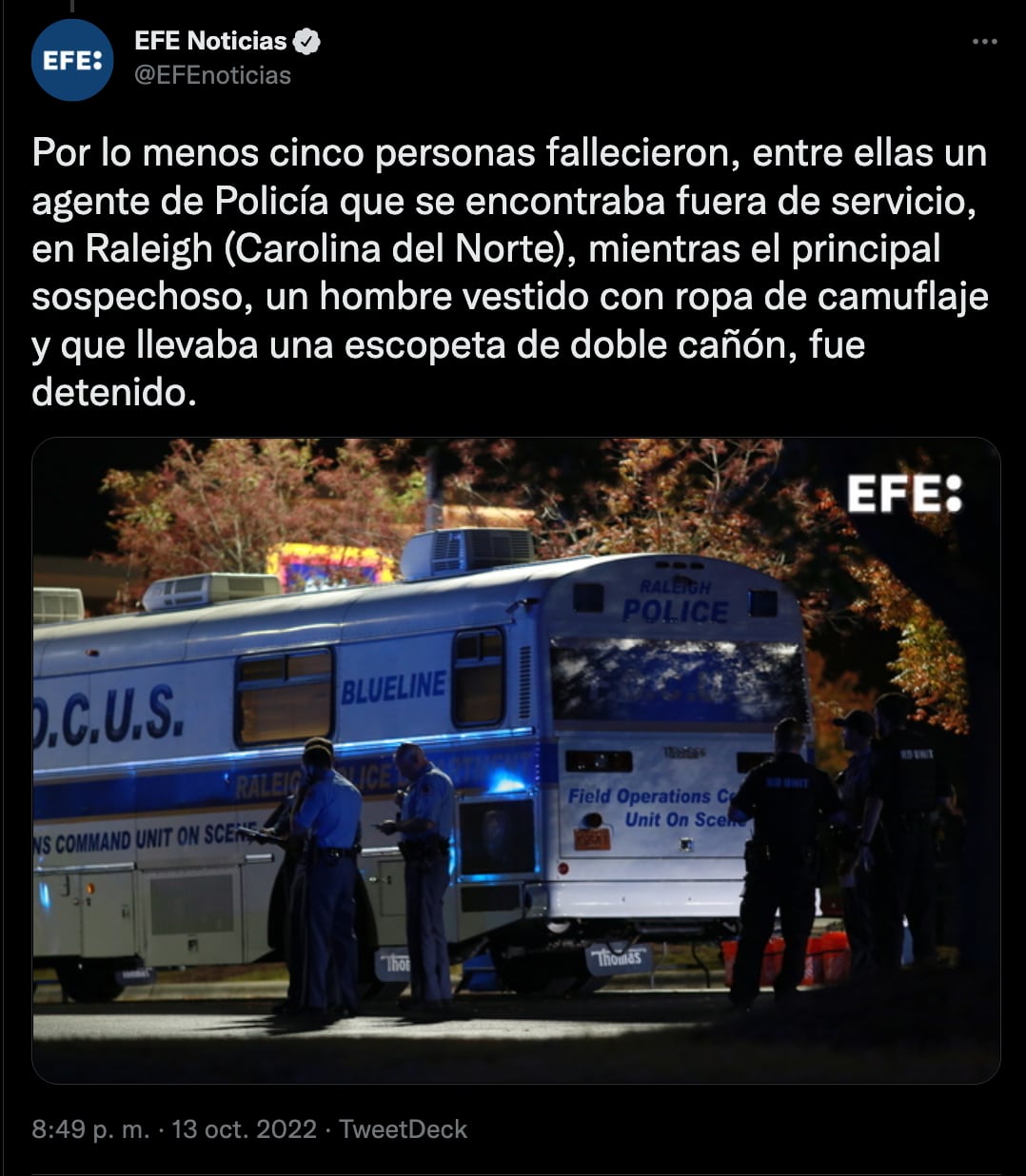 Tiroteo en Raleigh, Estados Unidos deja 5 muertos entre ellos un policía