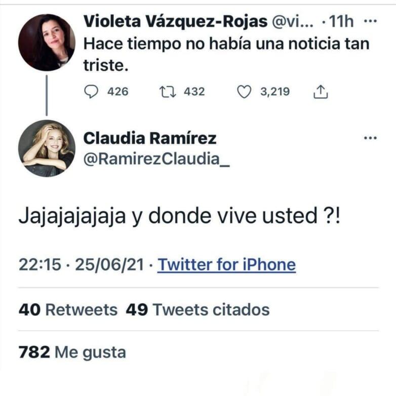 Tweet de Violeta Velázquez y respuesta de Claudia Ramírez.