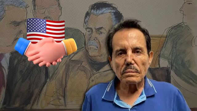 El Mayo Zambada, manos estrechándose con la bandera de Estados Unidos. al fondo, dibujo del juicio contra el Mayo Zambada