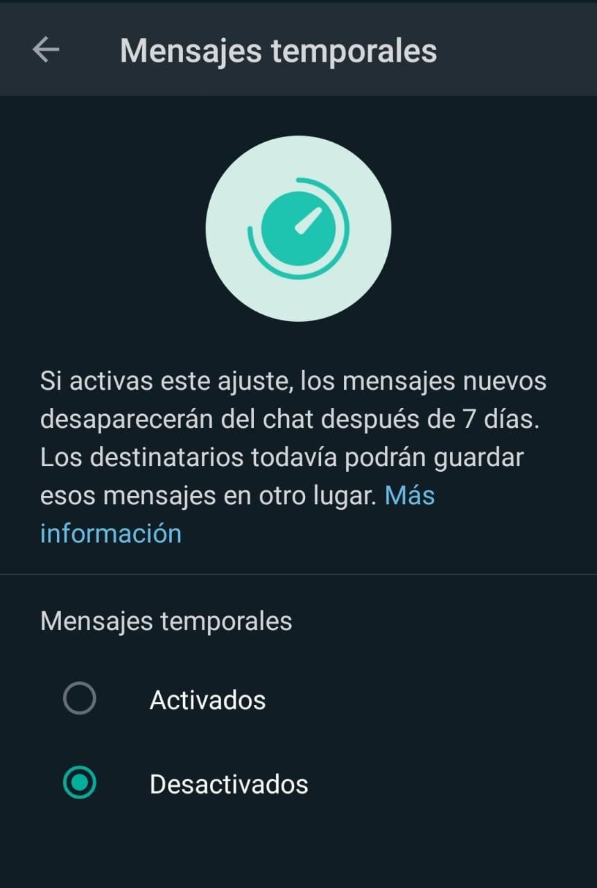 WhatsApp mensajes temporales