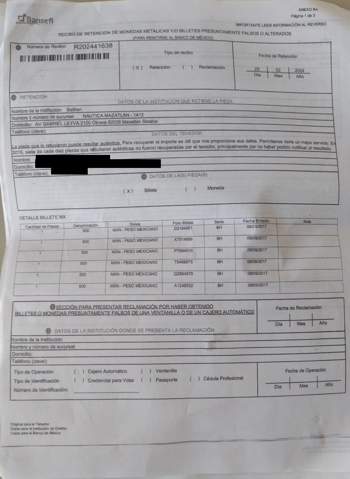 Confirmación de que los billetes entregados por el Banco del Bienestar en Mazatlán son falsos
