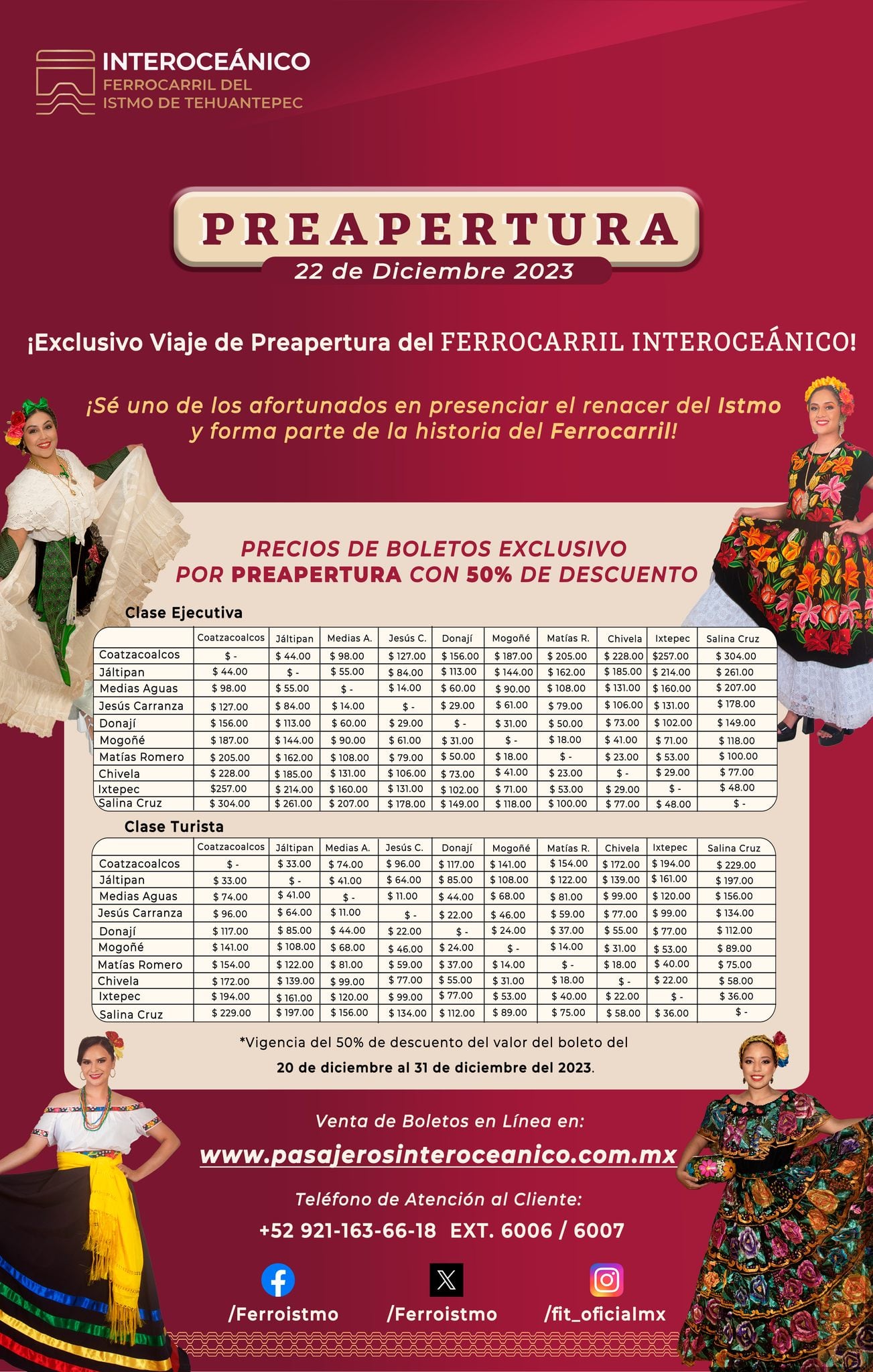Precios de boletos para el Ferrocarril Interoceánico del Istmo de Tehuantepec
