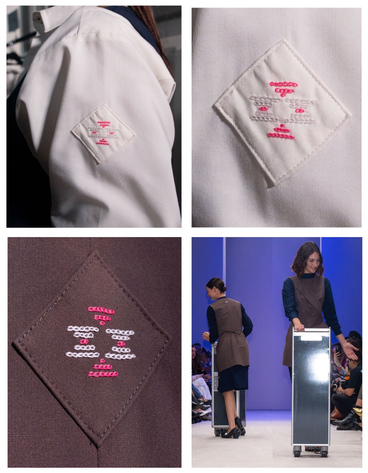 Detalles de los bordados en la blusa y bata de servicio de nuevo uniforme de Aeroméxico